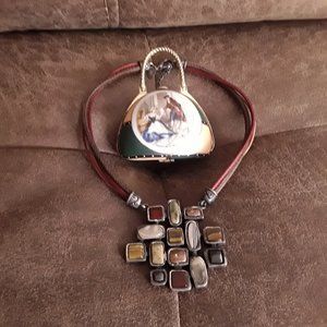 Chico's  necklace 16" huge multicolor bronze pendant with leather cord.
